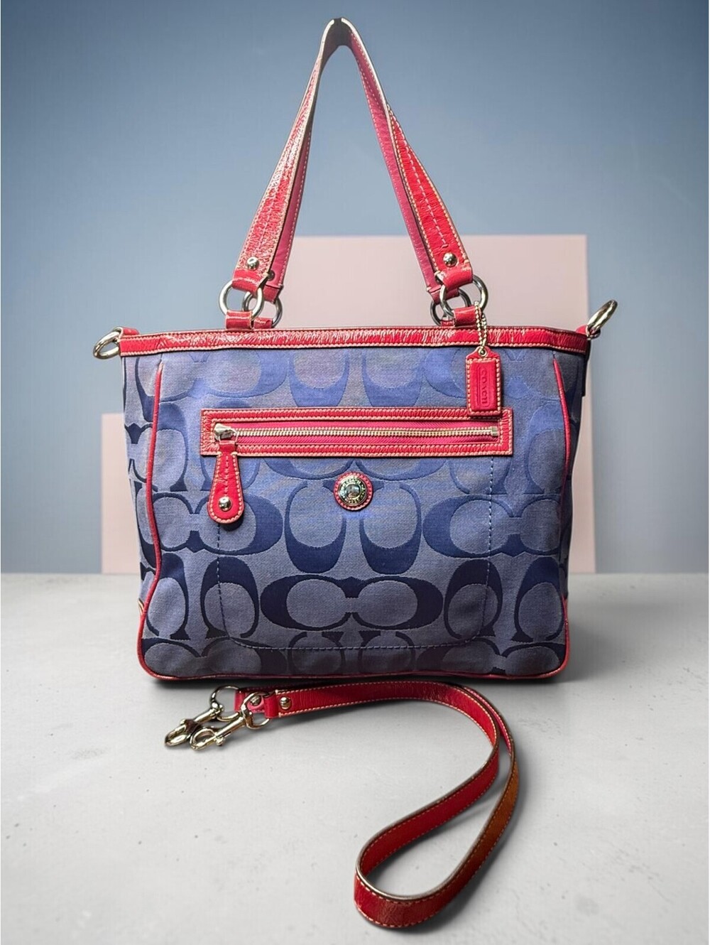 Coach Laura Signature Tote F14941 Navy Pink Patent Leather 2-Way Shoulder Bag